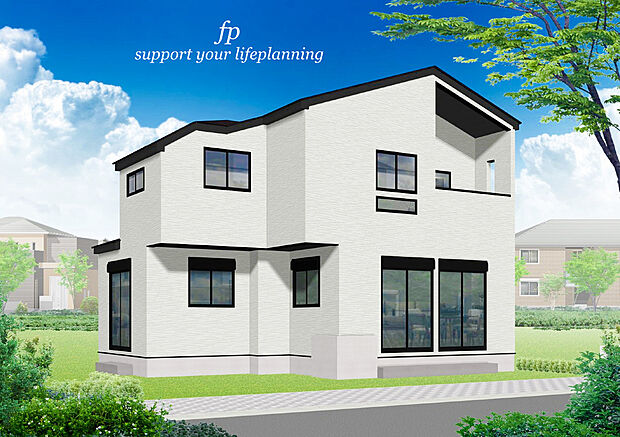 【1号棟~完成予想図(外観)】白を中心にした配色はシンプルですが、飽きの来ない、落ち着きのある色使いを採用。街並みに溶け込むことで一体感が生まれます。