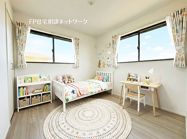 【2面採光の明るい洋室】2方向から光が入る、心地よい明るさの洋室。※本画像はAIがCGで家具作成しており、実際の現地に家具は設置されておりません。また、販売価格に家具等は含まれておりません。