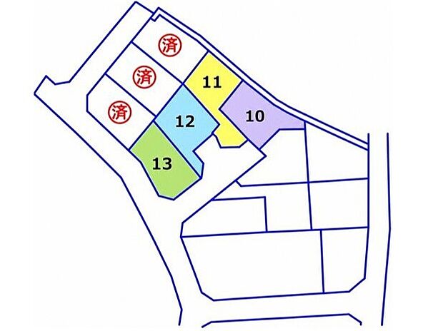 【【全体区画図】】街並みが統一感を生み出す、全13棟の大型分譲地。前面は分譲地用の私道と車通りの少ない公道で、静かで安心の環境です。