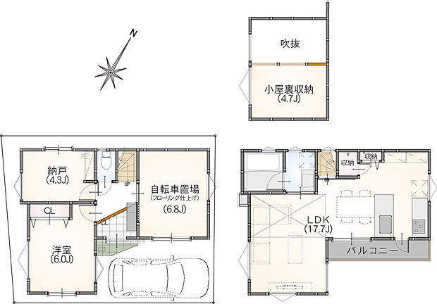 【【A区画 参考プラン】1SLDK&自転車置き場&駐車場】・建物面積 72.99m2(自転車置き場11.25m2含む)
・建物価格 1800万円
・総額 5480万円(税込)
・自転車場置き場は、フローリング・クロスにて仕上げております♪コンセント、照明、換気口、エアコン用コンセントございます♪