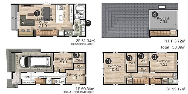 【参考プラン ２ＬＤＫ＋２Ｓ＋ＷＩＣ＋車庫＋スカイバルコニー】・建物面積 １５８．０９m2(車庫、ポーチ１９．４７ｍ2含む)
・建物価格 ５，５８０万円
・土地建物総額 ３１，４８０万円(税込)