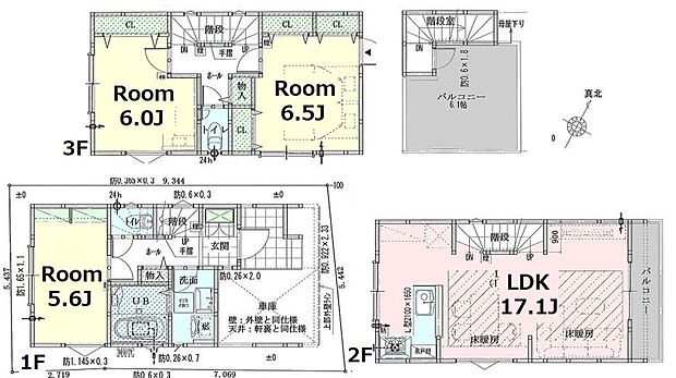 【2SLDK+スカイバルコニー】※建物面積に車庫部分6.9m2含む