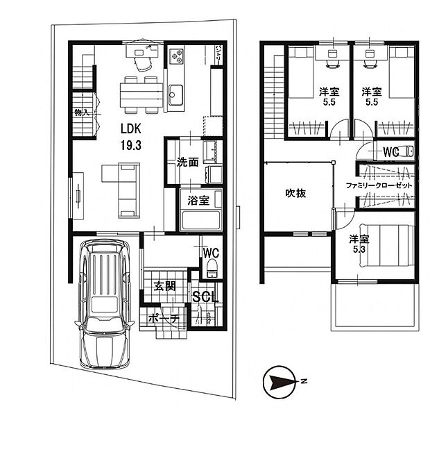 建築プラン例 ※間取り図・パース・写真中に車や家具を掲載の場合は、配置例を示したもので実際に設置されているわけではありません。特にコメントがない場合は家具や車などは販売価格に含まれません。