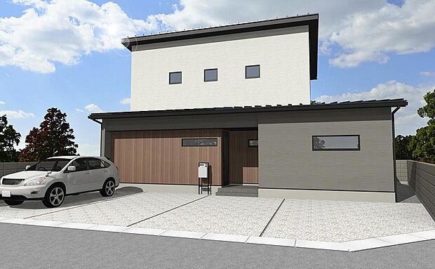 【平日・土日見学会開催中】
完成前からもご見学いただけます！
外壁は3色のカラーを採用しモダン風に仕上げました。
長期優良住宅×省令準耐火構造