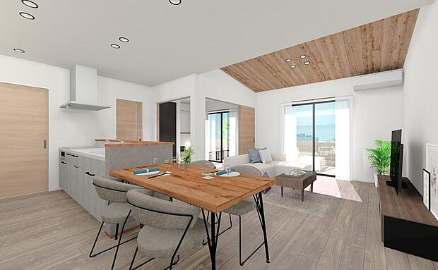 キッチンとダイニングスペースは横並びのため、完成したお料理の配膳や、後片付けが短い動線で可能です☆彡【一部外構工事費を含んでいます】画像はイメージパースです。