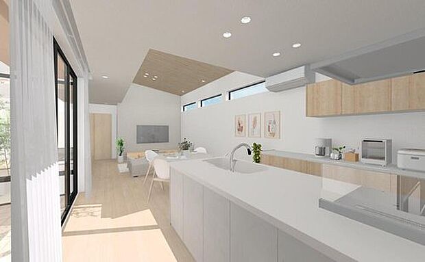 【完成予想図(キッチン)】家族と会話を楽しみながら料理ができる、開放的な対面式キッチン。
お子様の様子を見守りながら安心して家事ができます。