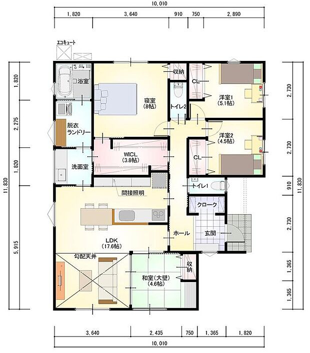 【4LDK】LDKを和室の一部としてご使用いただけるように設計しております。
LDKと洋室を離して配置しているため、平屋でもプライベート空間をしっかり確保！【一部外構工事費を含んでいます】