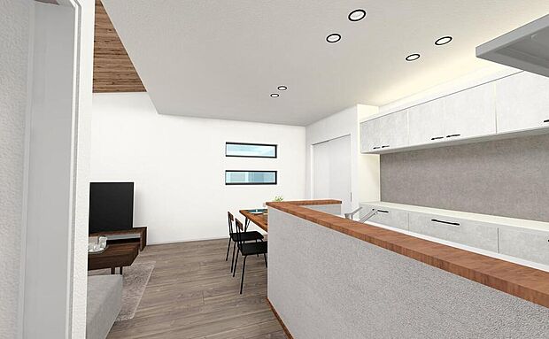 【完成予想図(内観)】ダイニングスペースにも明るい光が差し込むように、横長窓を設けました♪【一部外構工事費を含んでいます】画像はイメージパースです。