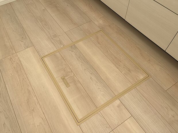 【床下収納】普段は使わない調味料や災害に備えた備蓄品などを収納できる床下収納。簡単には開かないので、小さなお子さまがいても安心です。また、普段は床下にあるので突然の来客があっても人目につかず、スッキリお使いいただけます。