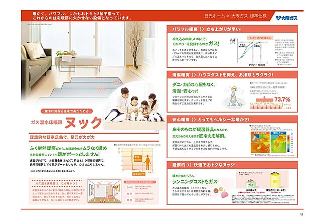 【ガス温水式床暖房【ヌック】】LDKには温水の床暖房完備。輻射熱で足元から部屋中を暖める効果があります。空気を汚さずお部屋もクリーンに保てます。
床暖房は、風をおこさない輻射暖房だから、肌に風があたる不快感がないだけでなく、お部屋のホコリも巻き上げません。
温水の床暖房だから、輻射熱暖房でお部屋全体をムラなく暖め長時間暖房しても室内空気を汚さず頭がボーッとしません。