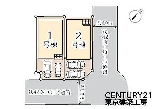 【区画図】全2棟のゆとりある区画配置！前面道路も見通しが良く、お車の出し入れもしやすい住環境です。並列2台分のカースペースを確保し、ご夫婦それぞれのお車利用にも便利な設計です。