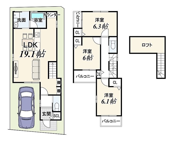 1号地建物面積85.57m2
全居室6帖以上！主寝室やお子様のお部屋に嬉しい広さとなっております！