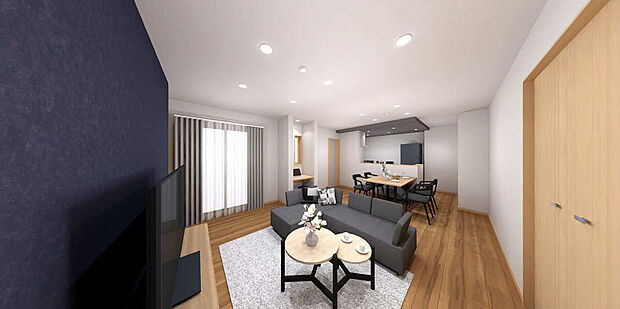 【完成予想パース：リビング】リビングは広々21帖以上！
大型テレビも置ける広さです！
また、リビング階段もございますので、毎日ご家族と顔を合わせることができてコミュニケーションが取りやすい♪