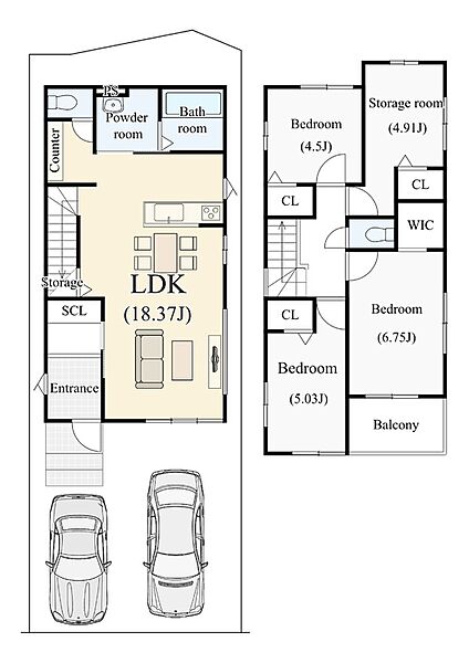 【1号地：収納力あるお家！】２階各お部屋にはCL、リビングに物入など…使い勝手を考慮し、適材適所に配置。収納スペースが充実していると、整理整頓がしやすくお部屋がスッキリ片付きま♪