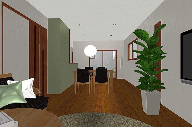 【1号地パース図：リビング】ご家族の対話を重視したリビングイン階段を採用！『ただいま』『おかえり』がみえるお家。※イメージパース図のため、実際の色味や材質とは異なる場合がございます。