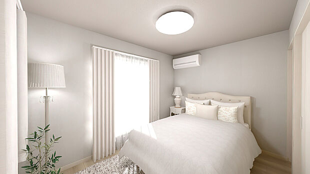 【洋室6帖完成イメージパース】
『インテリアスタイル：フレンチシャビー』
ホワイトカラーでまとめた上品な大人フレンチ空間です。