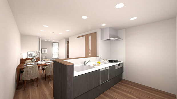 【キッチン完成イメージパース】
リビングで遊ぶお子様を見守りながら家事ができる対面キッチンです!
※イメージパース図のため、実際の色味や材質とは異なる場合がございます