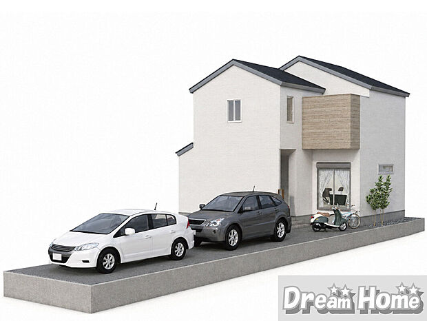 【2号地パース図:外観】「こんなお家に住みたい!」を可視化。お客様のご希望の間取りでパースの作成も可能です。※実際の色味や材質とは異なる場合がございます。
