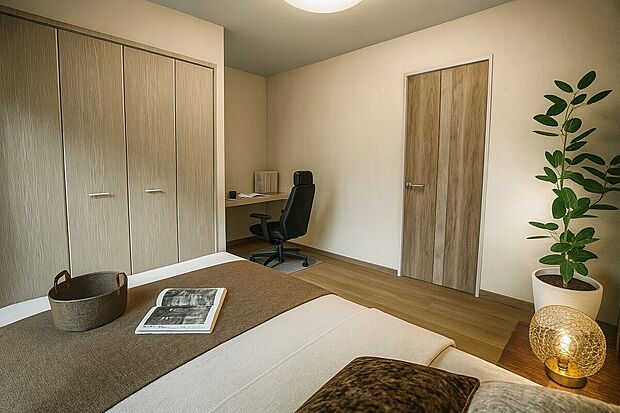 【【イメージパース】洋室6.3帖】暮らし心地を大きく左右する収納を、適材適所に配置し使い勝手を考慮しました。