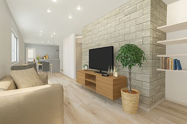 【リビング18帖/イメージパース】リビングを必ず通るよう階段を配置。ふれあいを重視した設計です。【※本画像はCGによる家具配置イメージです。実際の室内には家具・調度品は含まれておりません。図面と現況が異なる場合は現況を優先します。】