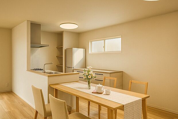 【【イメージパース/LDK17.2帖】】大切なご家族が集まるからこそＬＤＫはこだわりたい！休日はおひさまの光をたっぷりと取りこめるリビングでゆったりと過ごしませんか？子供たちが元気に笑いながら走り回っても十分な広さの空間です。