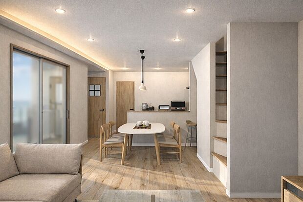 【【パース図：リビング18.1帖】】ご家族の対話を重視したリビングイン階段！『ただいま』『おかえり』の声が聞こえて安心です♪