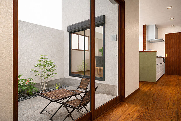 【【1号地パース図：中庭】】採光・通風・プライバシーを同時に叶える中庭付き。お家に光と風を届け、どの空間も明るく快適に保ちます。※イメージパース図のため、実際の色味や材質とは異なる場合がございます。