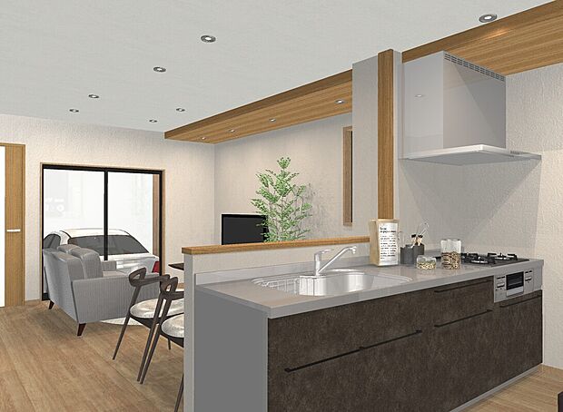 【＜２号地キッチンイメージパース＞】リビングを見渡しながら家事ができる対面キッチンです！