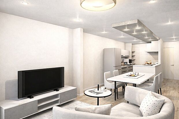 【【2号地リビングイメージパース】】広くゆったりと家族揃って寛げるLDKは18.5帖。毎日の始まりと終わりをここで迎える大切な空間はいつでも心地良い空気感。落ち着いた雰囲気で過ごしたり家族でわいわい盛り上がる日も。