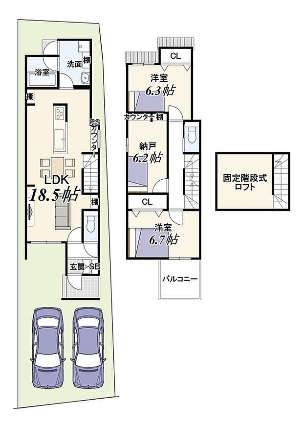 【【2号地：新築参考プラン】】建物面積：89.11m2/建物価格：2099万円
