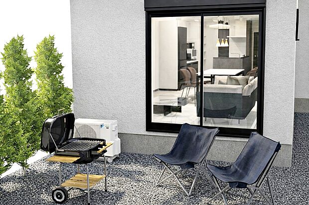 【【1号地リビングイメージパース】】庭があることで、ガーデニングやお子様の遊び場など、多彩な使い方ができるゆとりある暮らしを実現します。