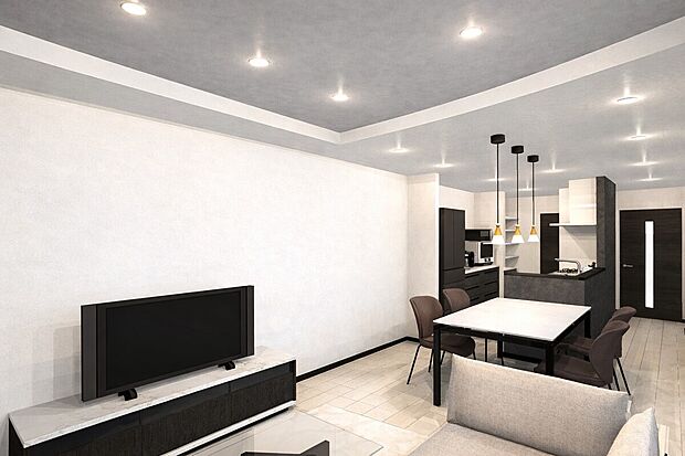 【【1号地リビングイメージパース】】大型テレビも置ける19帖の広々リビングは、陽当りが良く、部屋いっぱいに明るい陽光が広がります。