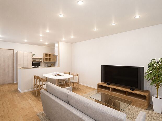 【【参考プランリビングイメージパース】】ダウンライトはお部屋に圧迫感を与えず開放感あるリビングに♪
ゆったり17帖でご家族みんながのびのびくつろげる空間です。