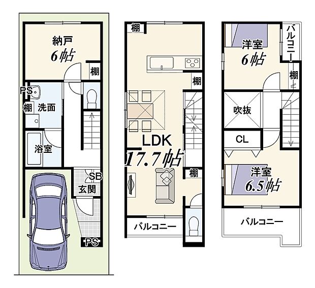 【2SLDK】実測52.56m2(15.89坪)/建確対象52.52m2(15.88坪)/自動車車庫部分約7.74m2は建物面積に含む