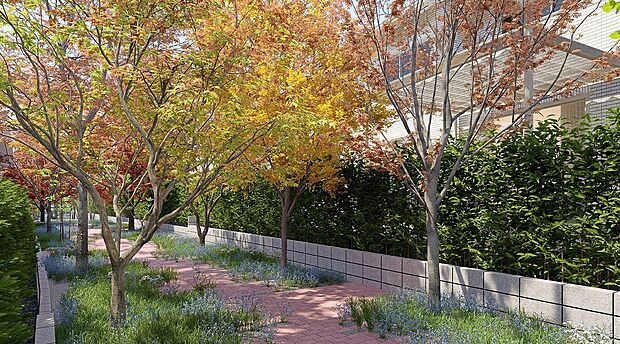 【分譲地内の緑道】住人だけが利用できる専用緑道。四季折々に目を楽しませてくれます。