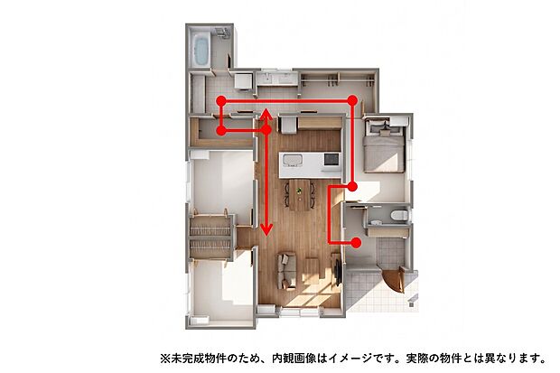 【効率的で家事ラクな回遊動線】ぐるりと回れる便利な間取り。お家の中の移動がスムーズになり、毎日の家事時間を劇的に短縮します。