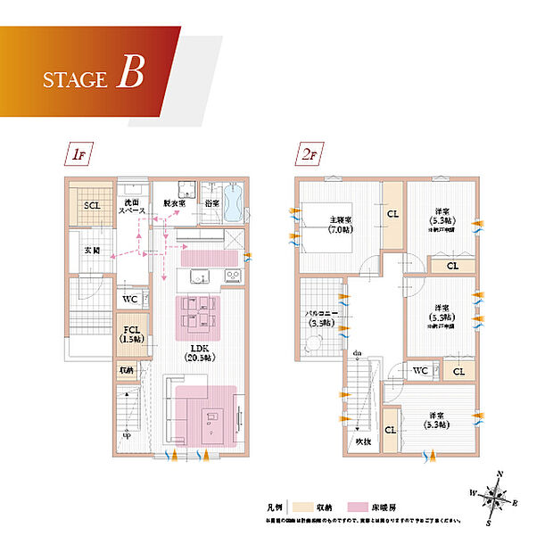 【【Ｂ号地:建物参考プラン】】快適動線と大容量収納が魅力のプラン。居室が４部屋あれば家族のライフスタイルに合わせて自由自在に利用でき◎