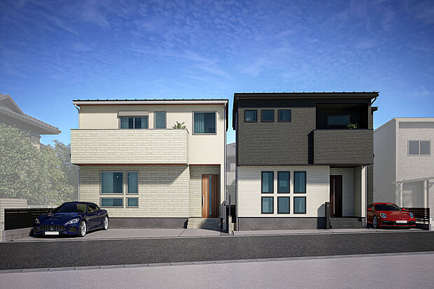 T-1、T-2完成予想図／瀟洒なデザインで人目を引くエレガントな佇まい。高断熱で耐震・制震に優れた安心感を併せ持ち、これからの暮らしを優しく強く包み込みます。注文住宅レベルの設備・仕様の住まいです。