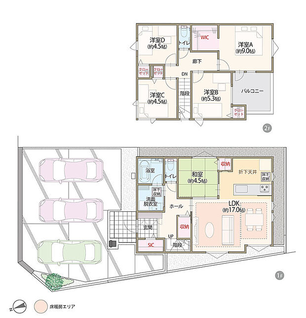 T-1／太陽光発電システム搭載、LDK広々17帖+和室4.5帖、主寝室ゆとりの9帖、第一種換気＆全熱交換換気、全居室に収納完備、ウォークインクローゼット、角地、駐車3台可、広々SIC付き