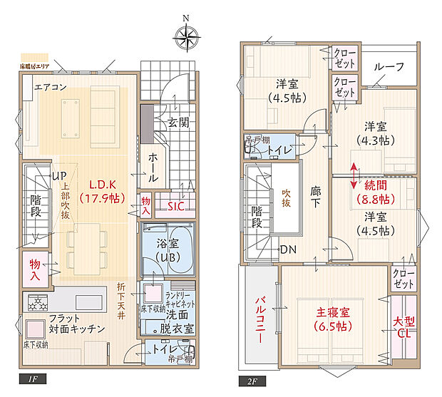 太陽光発電パネル搭載、採光良好、ZEH仕様の家、耐震等級3、断熱等級5、第一種換気&全熱交換換気、対面キッチン付LDK広々17.9帖、洋室続間8.8帖、大型CL付主寝室、SIC、優れた家事動線