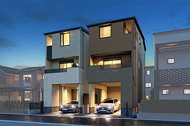 T-1、T-2/夜間には、住まいからあふれる照明のやわらかな光が、帰宅する家族を優しく迎え入れます。一日の終わりに、ほっと心が安らぐ住まいです。