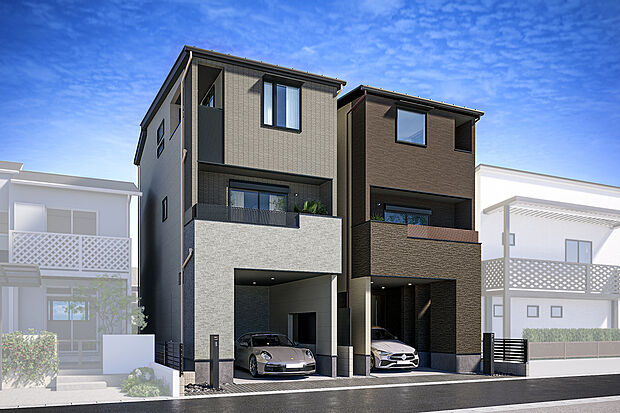 T-1、T-2/ビルトインガレージを備えた、機能的な3階建住宅。雨の日でも濡れずに車の乗り入れができ、毎日の使い勝手に配慮しています。アウトドア用品などの収納にも活用できる便利な空間です。