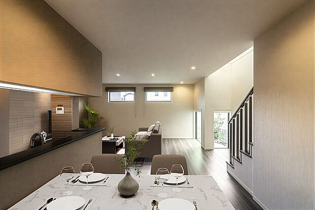 【T4棟　リビング】リビングとの一体感が安心感をもたらし、それぞれの場所で過ごしつつも繋がりが感じられます。