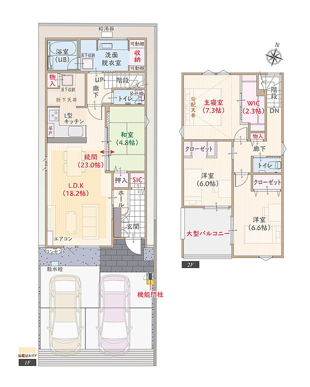【4LDK】南向き、太陽光発電パネル搭載、ZEH仕様、断熱等級5、第一種換気&全熱交換換気、L型キッチン付LDK続間23.0帖、大型WIC付主寝室広々7.3帖、広々洗面脱衣室、収納充実、大型バルコニー
