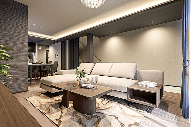 【リビングダイニング完成予想図】T-2／22.6帖の広々としたLDKには間接照明で柔らかさを、シャンデリア風の照明で華やかさをプラスして上質な空間に仕上げます。リビング階段は格子壁で間仕切ることで、視覚的にも開放感が感じられます。