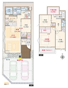 太陽光発電パネル搭載、南西角地、ZEH仕様の家、耐震等級3、断熱等級5、第一種換気&amp;全熱交換換気、フラット対面キッチン付LDK続間24.2帖、大型WIC付主寝室広々10帖、下屋収納3.0帖、SIC、南面バルコニー 
