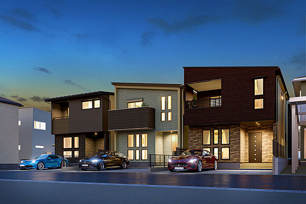 【外観完成予想図】T-3、T-2、T-1／夜間外観完成予想図