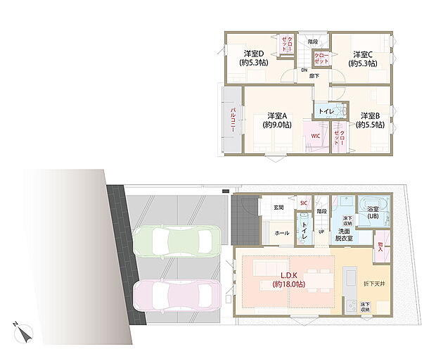 【4LDK】太陽光発電システム搭載、耐震等級3、断熱等級5、環境にもお財布にも優しいZEH仕様の家、第一種換気&全熱交換換気、LDK広々18帖、全居室に収納完備、雨に濡れないインナーバルコニー、駐車スペース2台分