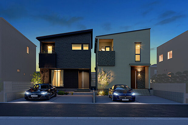 【夜間外観完成予想図】T-2、T-1／夜の街並みに映える、洗練されたスタイリッシュな外観。温かみのあるライティングが美しく、帰宅した家族を優しく出迎えます。ゆとりある並列2台分の駐車場を完備しています。