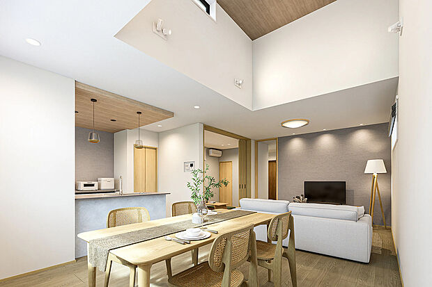 【LDK完成予想図】T-1／天井の木目が心地よいアクセントとなる開放的な対面キッチン。リビング全体が見渡せ、家事をしながらでも家族との会話が弾みます。機能性と美しさを兼ね備えた設計です。